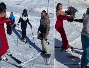 Kırmızı elbisesiyle Erciyes’te kayak yapıp, gül dağıttı