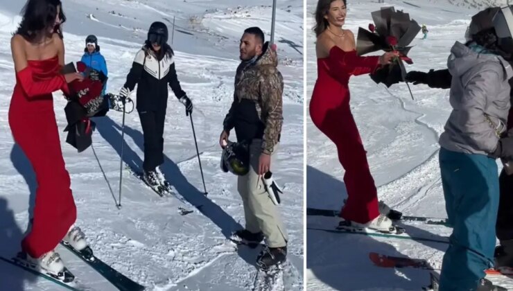 Kırmızı elbisesiyle Erciyes’te kayak yapıp, gül dağıttı