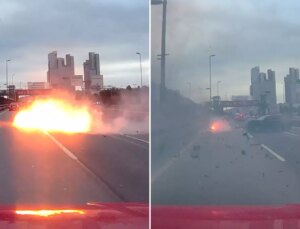 Makas atan sürücü bariyerlere çarptı, motoru alev alıp yola fırladı