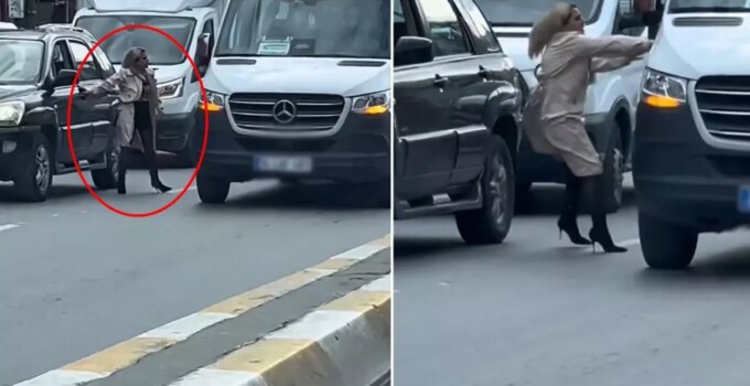 Lüks cipinden inip topuklu çizmeleriyle trafiği birbirine kattı